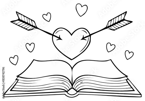 Open book with heart pierced by cupid arrow and floating hearts romance love story illustration