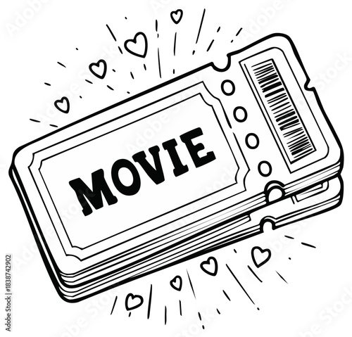 Animated tickets showing cinema movie surrounded by hearts, drawn in bold monochrome style, and retro illustration style