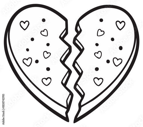 Black and white broken heart doodle with a jagged crack and decorative hearts pattern inside