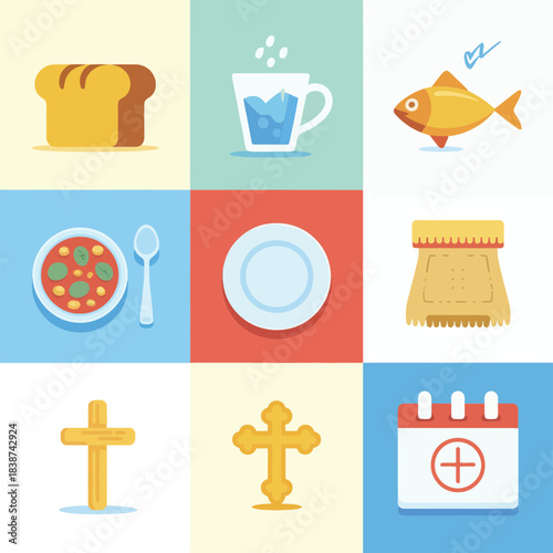 Faith and compassion illustration pack, praying hands heart dove cross, hope peace celebration symbols, clean flat vector design