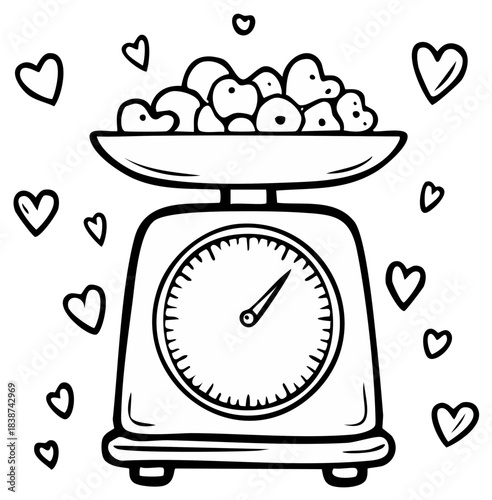 Heart Shaped Food Items Balanced on Kitchen Scale Surrounded by Scattered Hearts