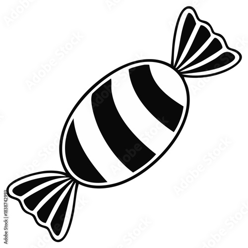 Black and white striped wrapped candy illustration, classic sweet treat vector icon design