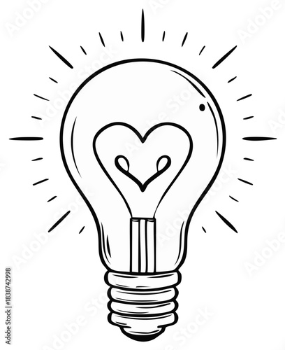 Creative hand drawn light bulb with heart filament representing bright ideas and love