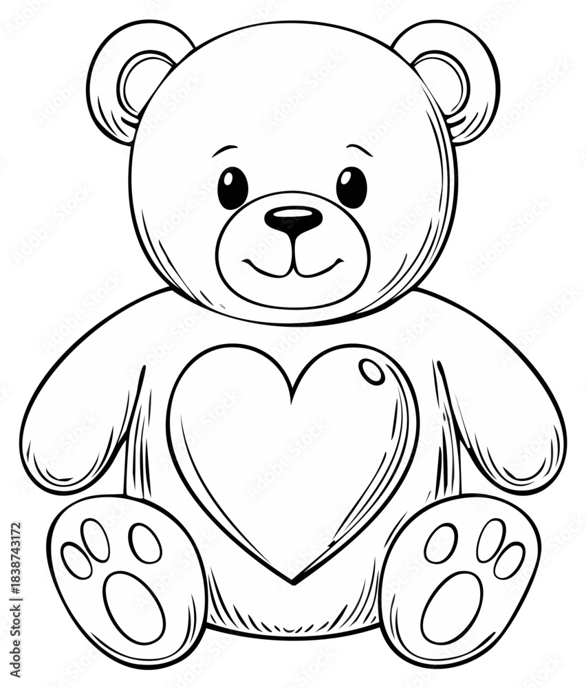 Obraz premium A cute outline drawing of a friendly teddy bear with a heart on its chest perfect for coloring or childhood themes