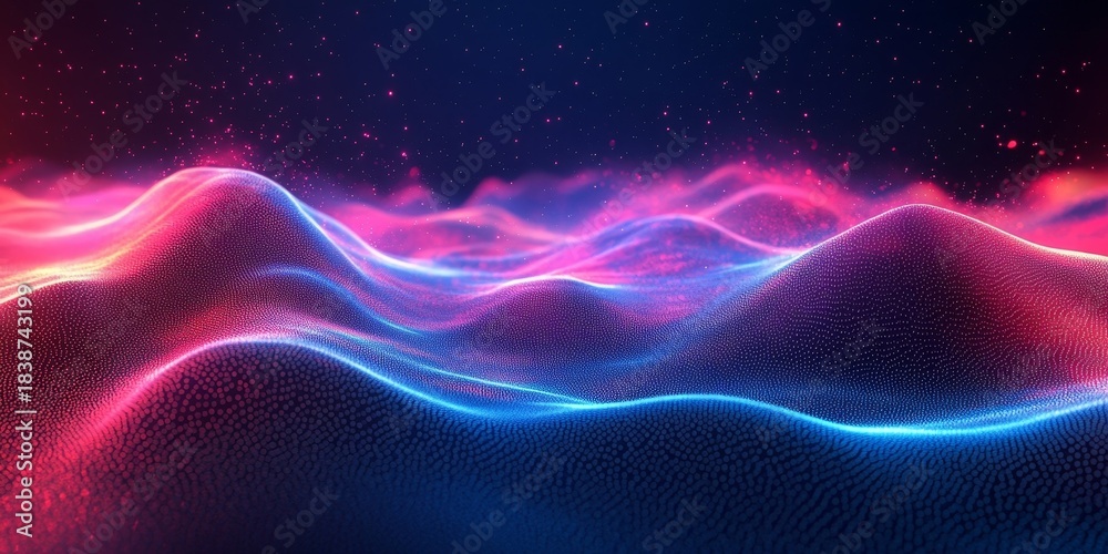 Obraz premium Wallpaper, sound waves, and software or futuristic technology with digital visualization for big data transfer. Internet, cloud computing, and real-time data processing in waveform, Generative AI