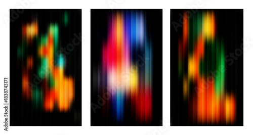 Abstract Blurry Vibrant Colors on Black Background - Three Vertical Panels