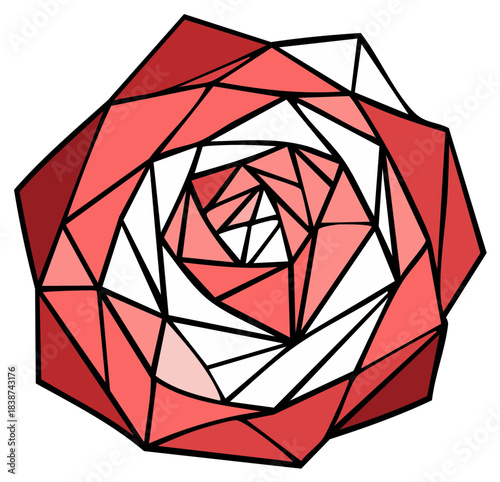 Modern geometric rose flower illustration in an abstract polygonal style with red and pink facets