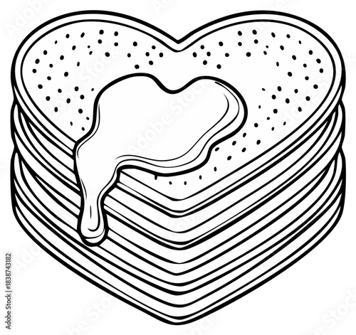 Stack of heart shaped pancakes with syrup or honey poured on top black and white line art illustration