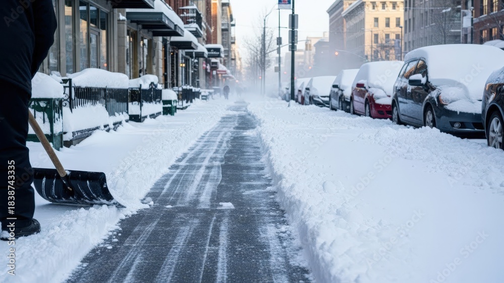 Fototapeta premium A snow-covered city sidewalk with a person shoveling snow. Cars are parked along the street, and buildings line the background. The scene captures winter urban life.