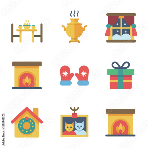 Winter home holiday illustration pack, fireplace mittens gifts clock house, warm seasonal celebration elements, cheerful flat vector design