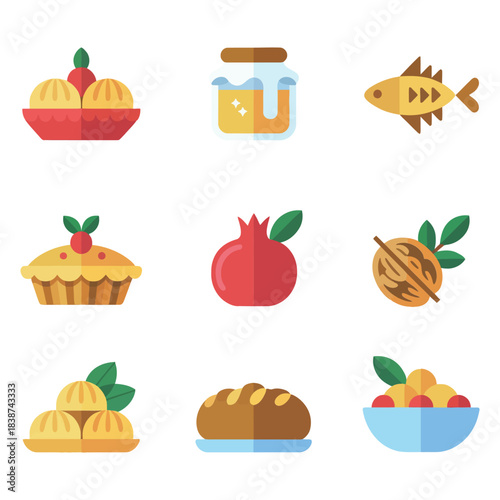 Seasonal food festival illustration pack, pies fruits jars fish dishes, traditional celebration meal elements, colorful flat vector design