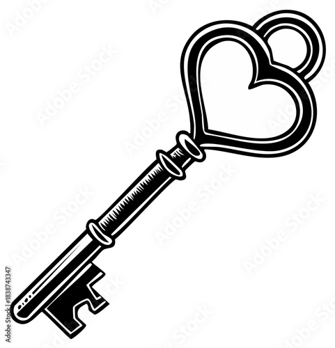 Stylish Heart-Shaped Skeleton Key Illustration Symbolizing Love, Secrets, and Unlocking Possibilities