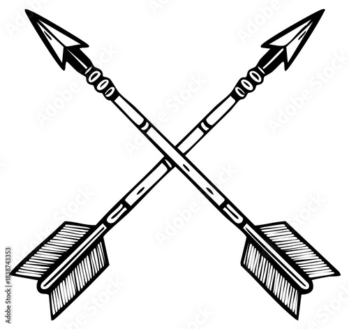 Two crossed arrows forming an X, with sharp arrowheads and feathered fletching, in a black and white graphic illustration.