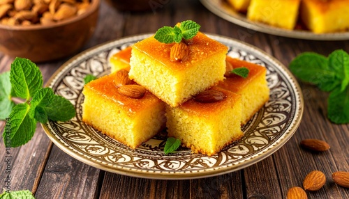 A plate of basbousa squares topped with almonds 