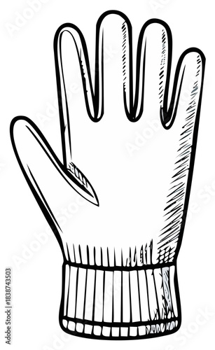 Outlined illustration of a winter glove in black and white