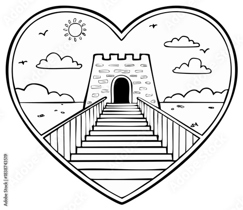 Heart Shaped Drawing of Castle with Stairway to Beach Scene with Clouds and Sun