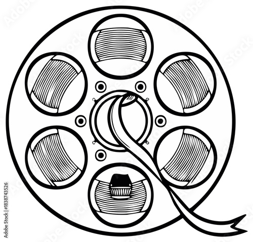 Vintage Film Reel with Outgoing Ribbon and Striated Spools