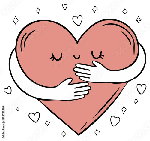 Cartoon pink heart character embracing itself with arms showing self love and care concept
