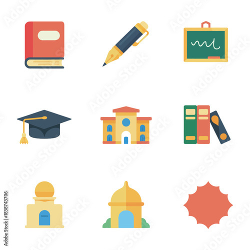Education and learning icon set, books pencil chalkboard graduation cap school building, academic event symbols, clean flat vector illustration