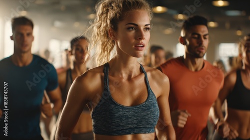 cinematic wide shot of a diverse group of athletic people actively working out in a modern, brightly lit fitness gym, dynamic energy, professional studio lighting, high detail, photorealistic