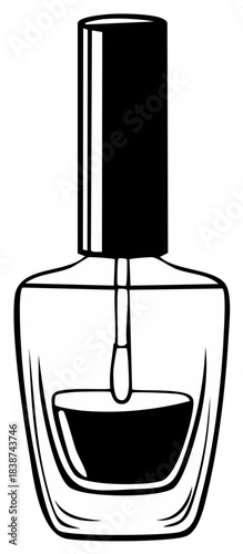 Monochrome line art drawing of a classic nail polish bottle with applicator brush essential beauty product