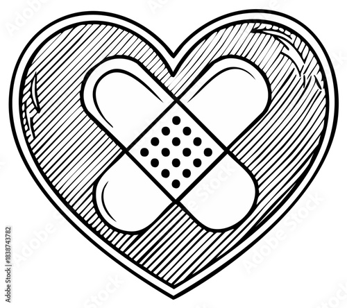 Hand Drawn Healing Heart with Crossed Bandages Symbol of Love and Recovery