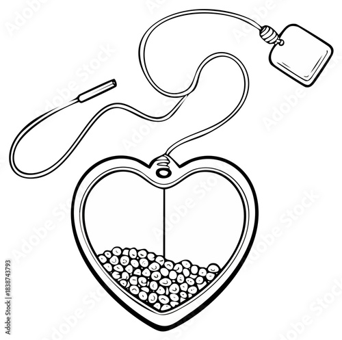 Heart-shaped locket necklace with tiny beads and a small tag on a string