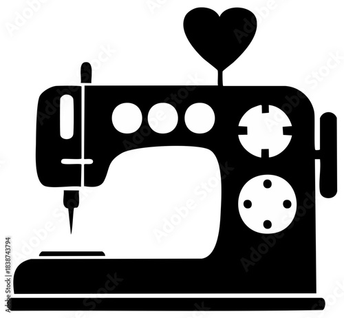 A simple black silhouette of a sewing machine with a heart on top