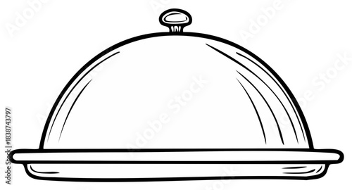 Illustration of a silver serving cloche with a handle on a platter