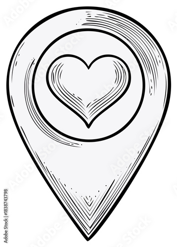 Hand drawn location pin with a heart symbol inside. Favorite place, romantic destination, or dating spot icon sketch