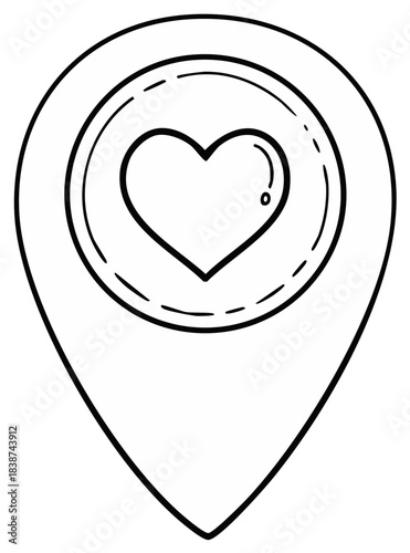 Linear graphic of a map pointer featuring a heart symbol for favorite place locations