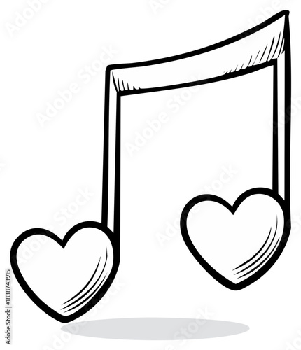 Black and white drawing of a musical note with heart shapes as the note heads