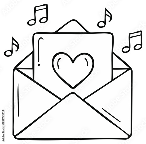 Hand drawn love letter in an open envelope with a heart and musical notes line art