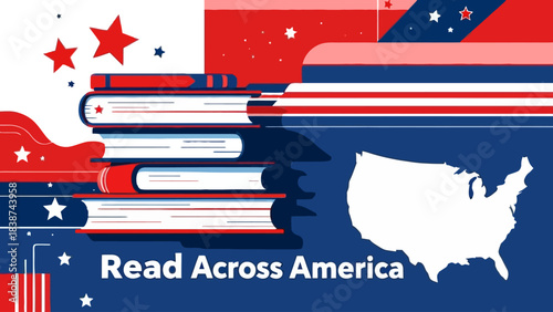 Patriotic illustration for Read Across America featuring a stack of books, stars, and a map of the United States in red, white, and blue colors.