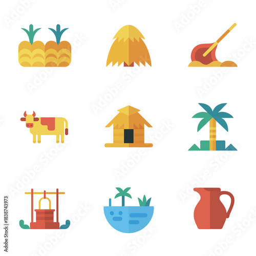 Rural village life icon set, huts palm trees boats cattle, traditional countryside celebration elements, colorful flat vector illustration
