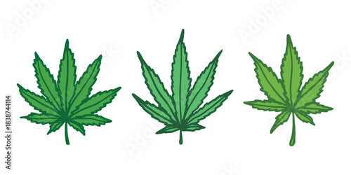 Set of hand drawn cannabis leaf Medicine marijuana Hemp leaves clipart in doodle style Single element for print, web, design, decor