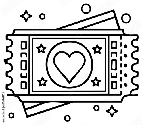 Black and White Love Ticket Icon Illustration with Stars and Punch Holes