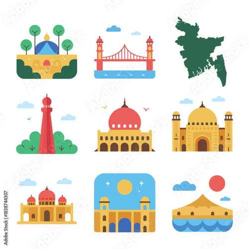 Historic landmark icon set, mosques bridges monuments rivers map, cultural heritage celebration elements, colorful flat vector illustration