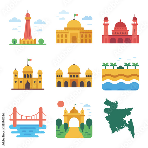 National architecture illustration pack, domes towers palaces waterways, traditional heritage celebration symbols, modern flat vector design