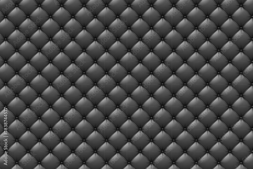 Obraz premium Luxurious black leather upholstery background. Seamless pattern of quilted squares with stitching thread vector illustration.