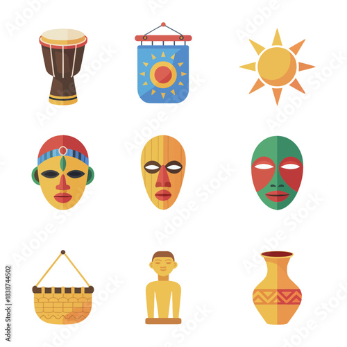 Traditional music and dance icon collection, drums performers banners fireworks, joyful cultural festival celebration elements, flat vector
