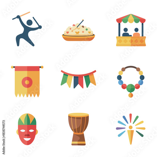 Ethnic celebration icon collection, tribal masks baskets drums sun, traditional community festival elements, vibrant flat vector illustration