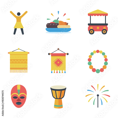 Folk festival icon set, performance masks drums garlands banners, lively traditional celebration elements, modern flat vector illustration