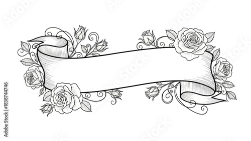 Elegant hand-drawn banner with roses and decorative swirls for greetings and invitations