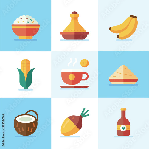 Bild auf Leinwand Cultural meal illustration collection, rice dishes drinks sauces fruits, traditi