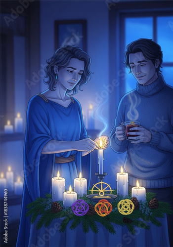 Couple Lighting Candles in a Festive Holiday Setting.