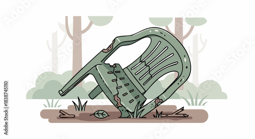 Cracked plastic chair trash, forest pollution scene with discarded plastic chair and outdoor trash concept, suitable for poster design, article header, and eco-themed product mockup.