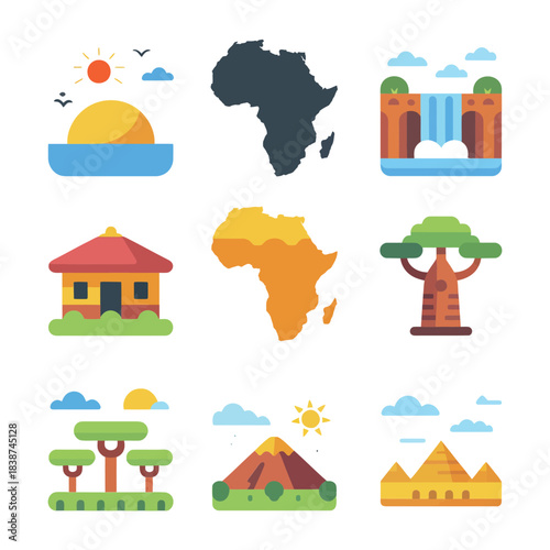 African continent landmark icon set, maps villages rivers baobab trees, cultural identity celebration elements, clean flat vector illustration