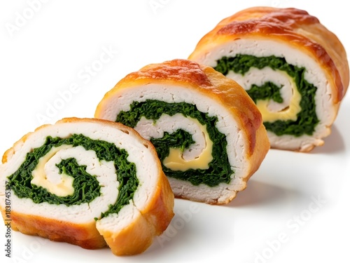 Sliced chicken roulade with spinach and cheese on a white background