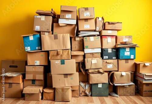 A haphazard stack of various-sized cardboard boxes, texture, warehouse